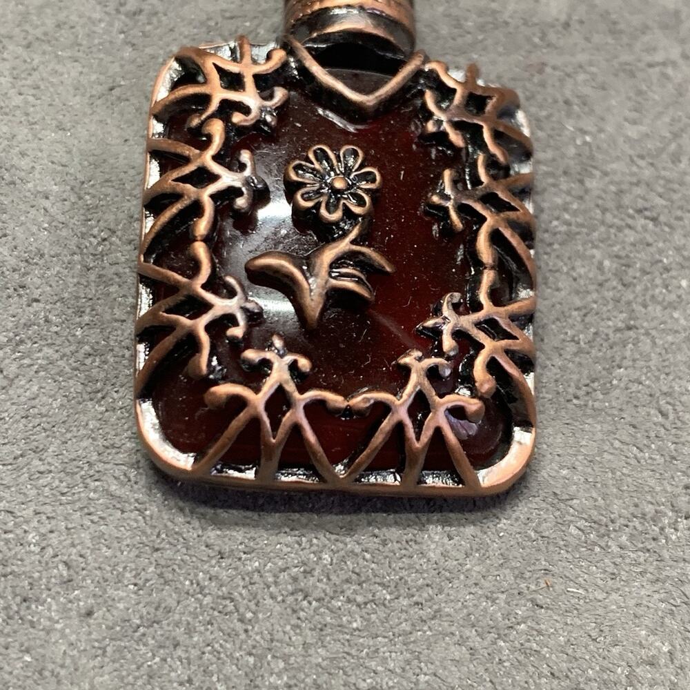 Vintage Beaded & Leather 14” Necklace With Floral Bottle Pendant, Copper Tones - Picture 2 of 6